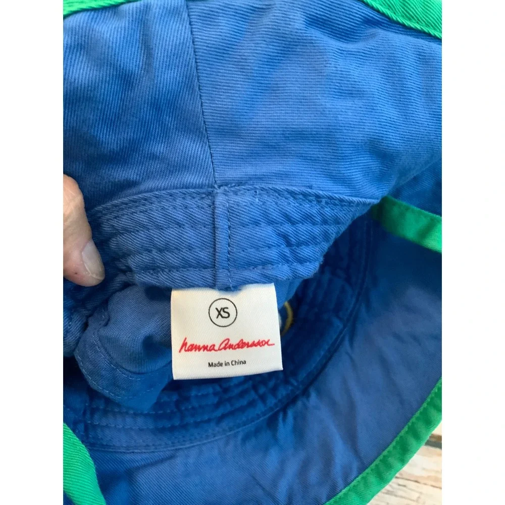 Hanna Andersson Baby Bucket Hat XS Blue Green Embroidered Puppy Barn Chin Ties